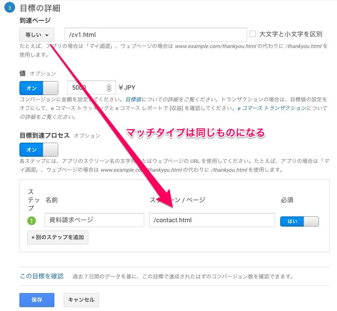 目標到達プロセスにおける URLマッチタイプの使用