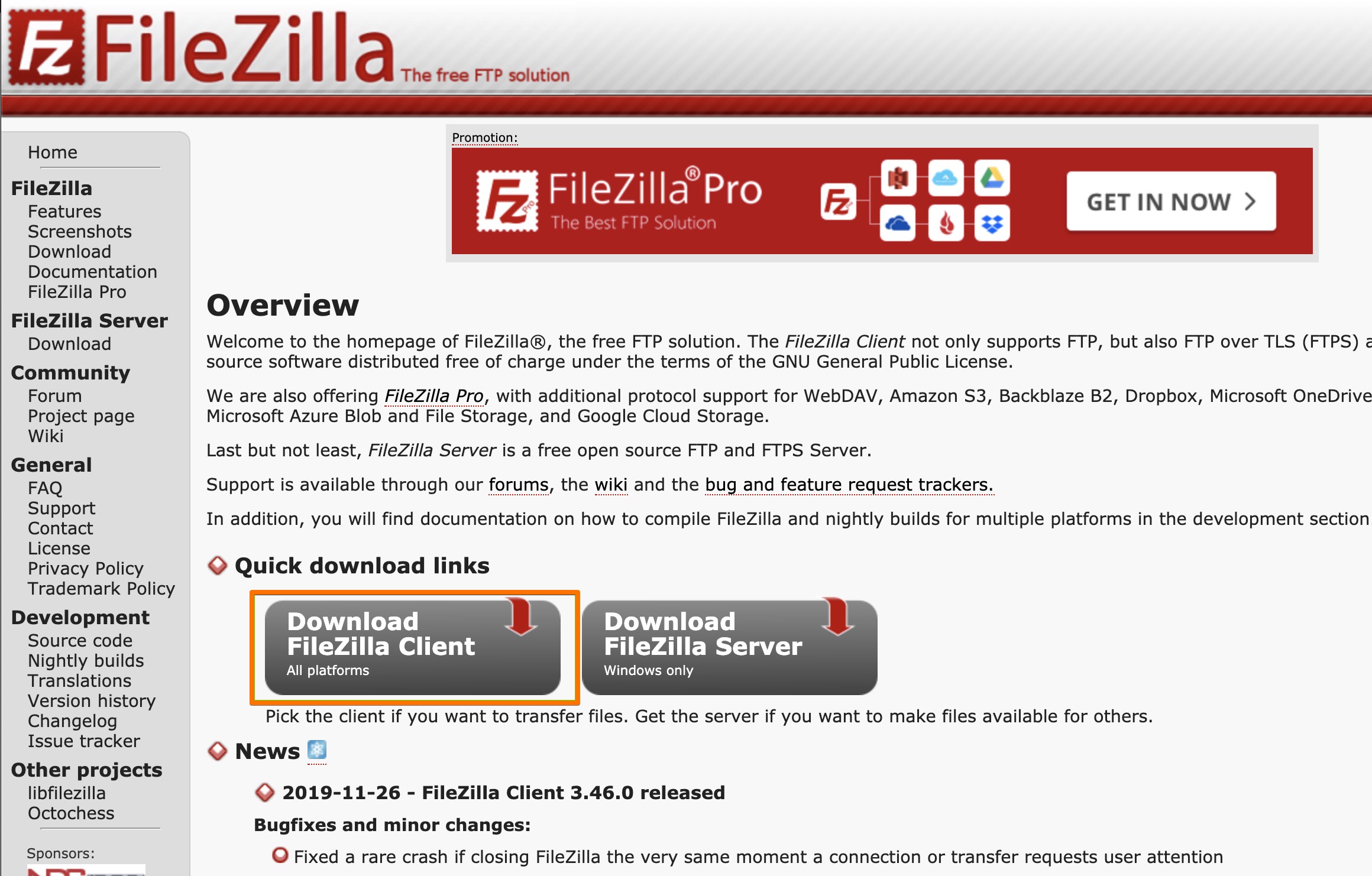 FileZilla 公式サイト